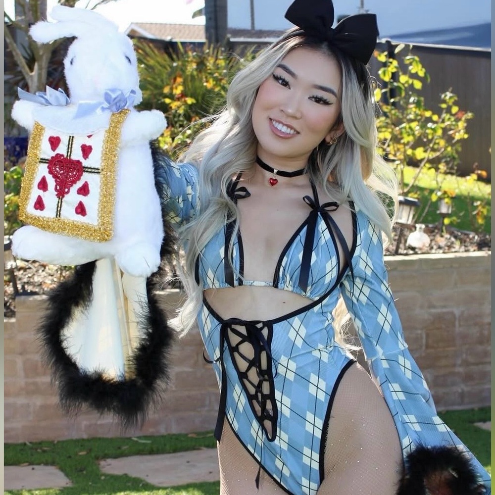 Rage Kage Blue Plaid Lace-Up Cutout One-Piece Bodysuit with Fur Trim